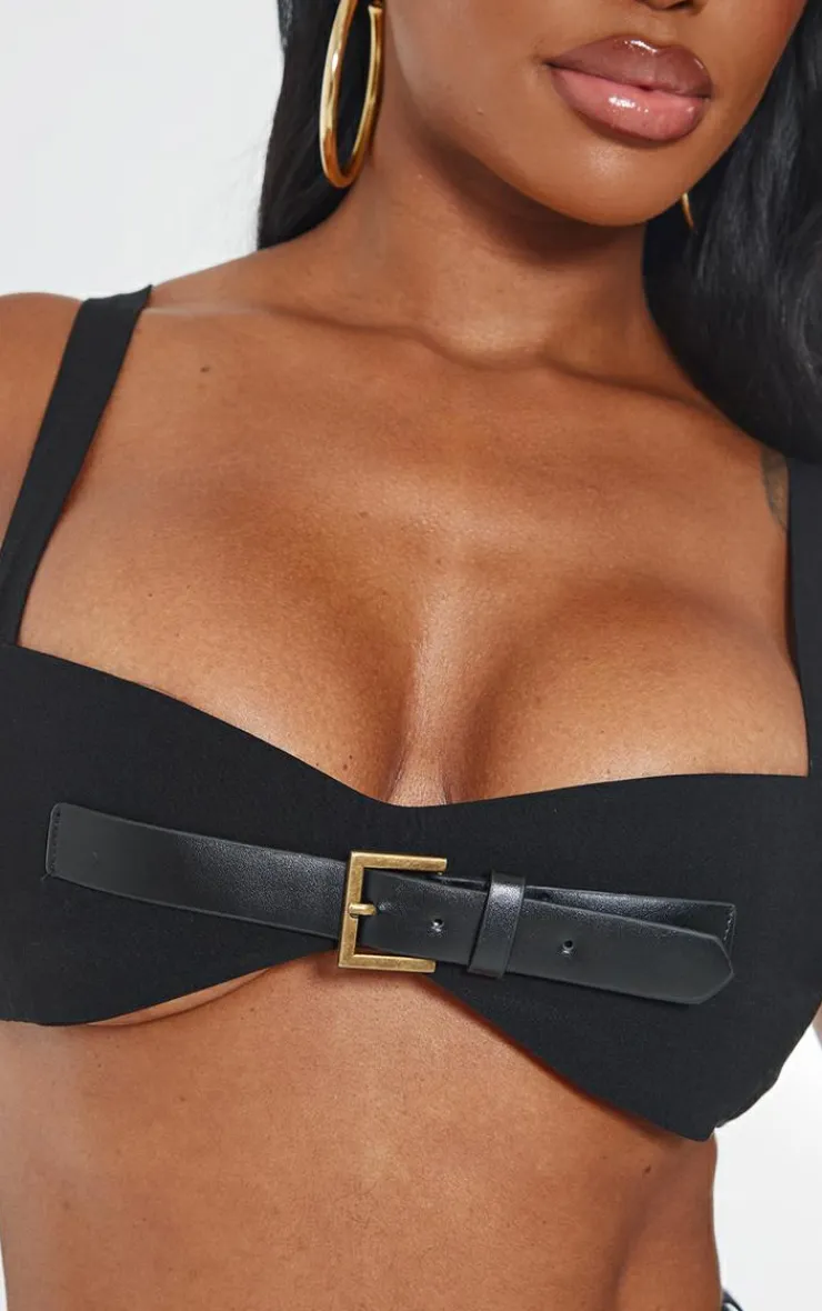 Discount PrettyLittleThing Shape Stretch Woven Buckle Detail Crop Top Black