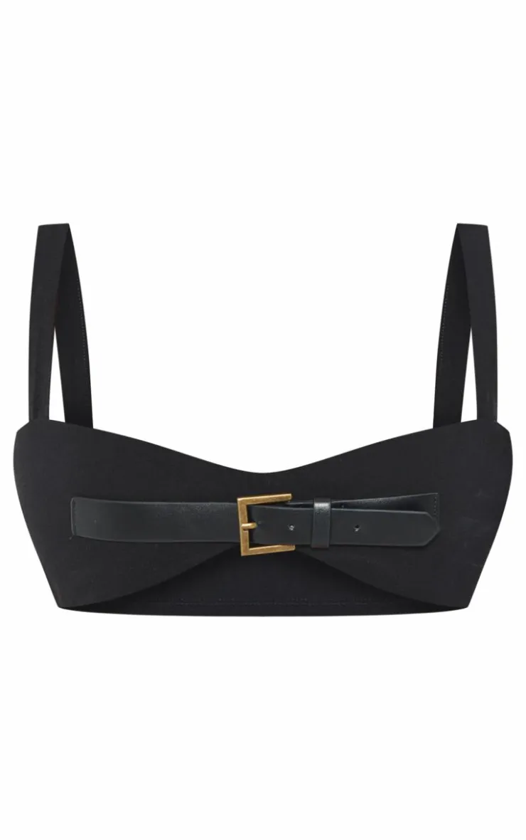 Discount PrettyLittleThing Shape Stretch Woven Buckle Detail Crop Top Black