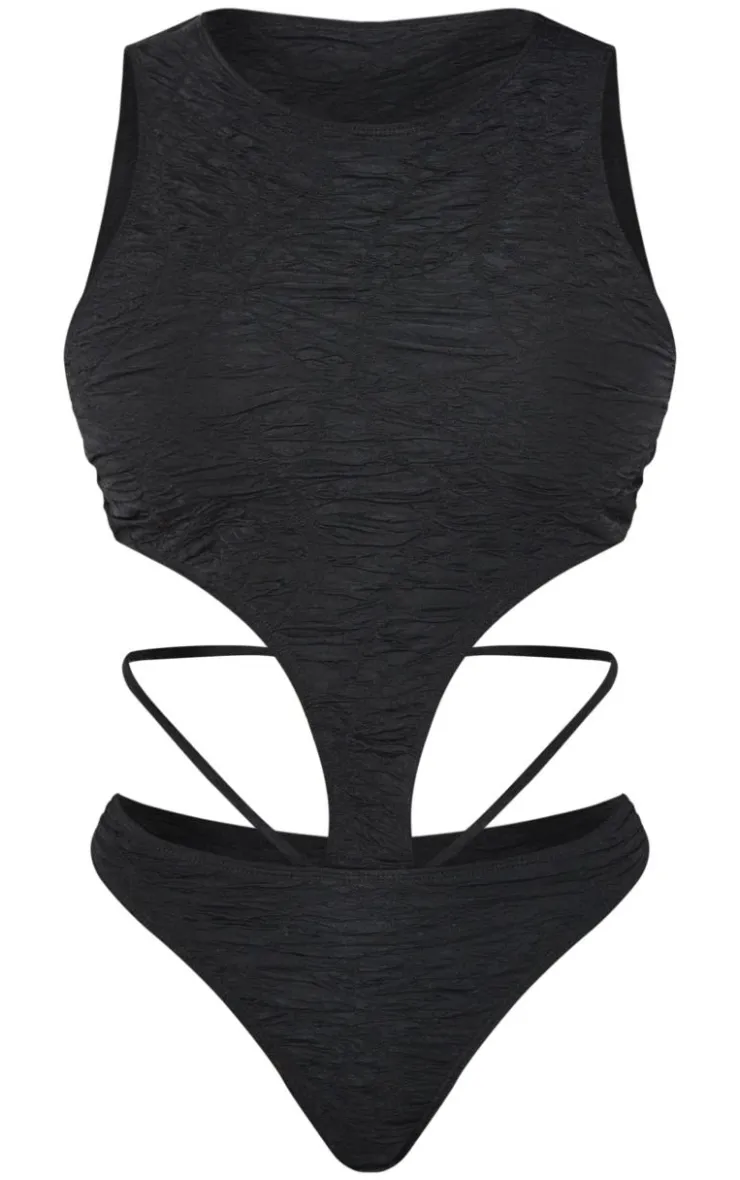 New PrettyLittleThing Shape Textured Cut Out Sleeveless Bodysuit Black
