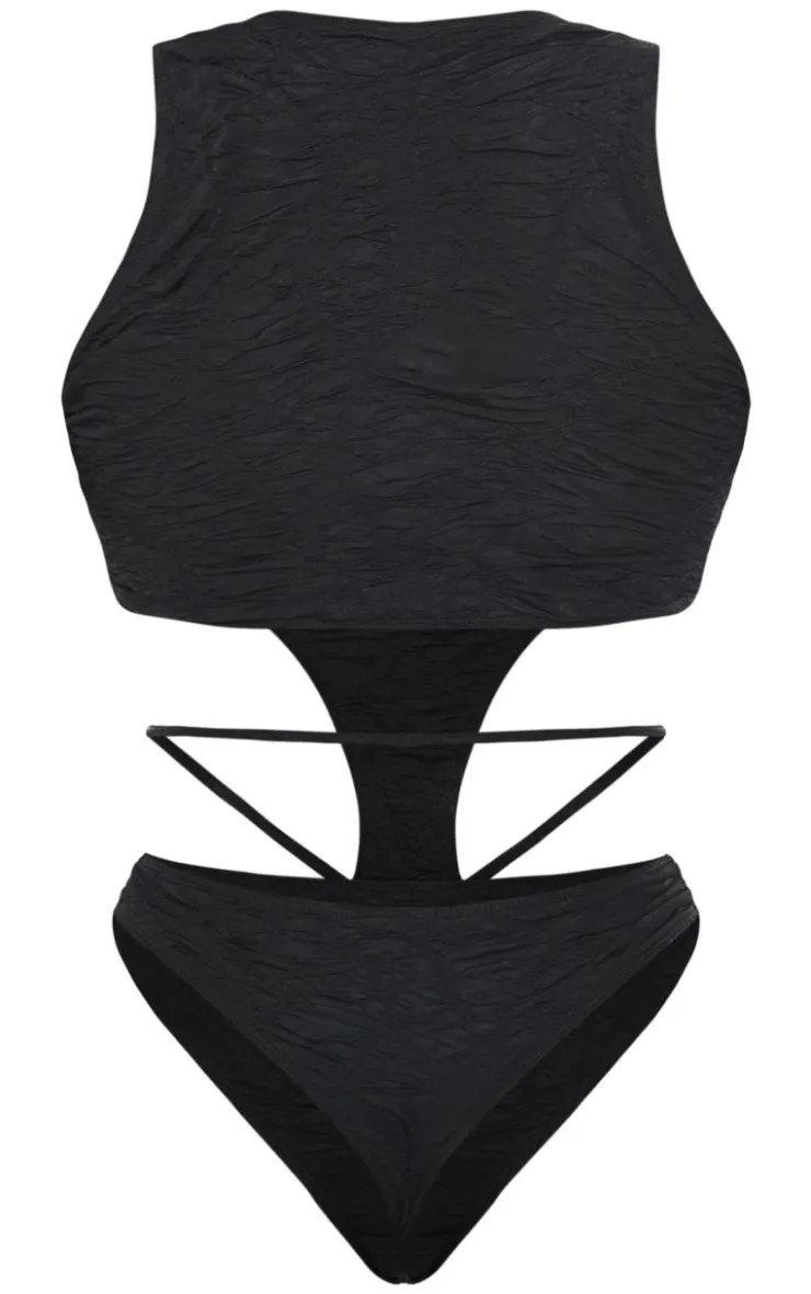 New PrettyLittleThing Shape Textured Cut Out Sleeveless Bodysuit Black