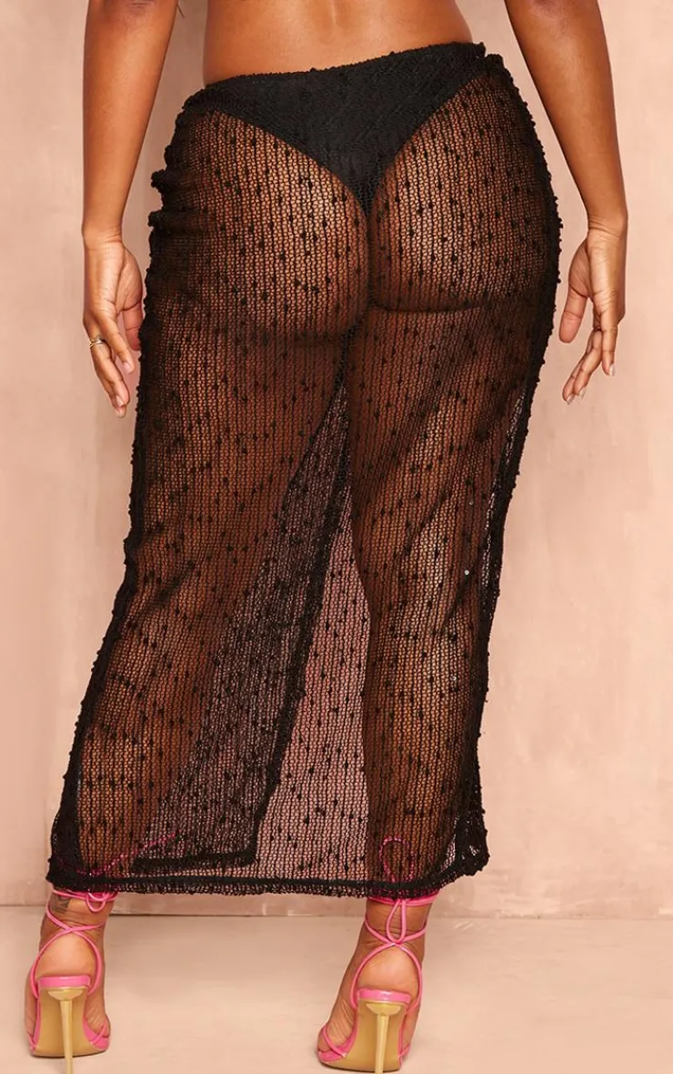 Online PrettyLittleThing Shape Textured Sequin Knot Side Midaxi Skirt Black
