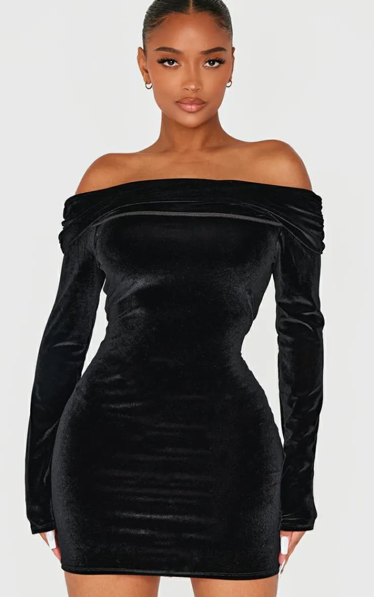 Shape Velour Bardot Fold Over Long Sleeve Mini Dress-PrettyLittleThing Sale