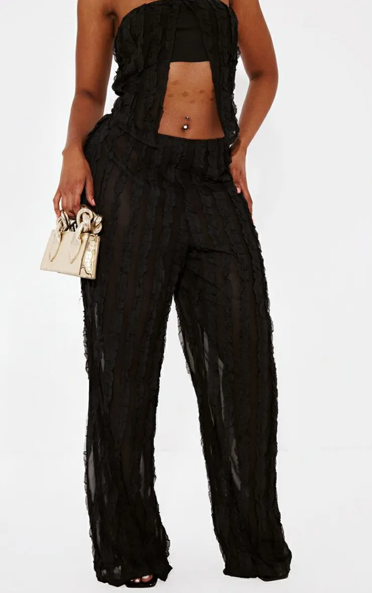 Discount PrettyLittleThing Shape Woven Frill Detail Wide Leg Pants Black