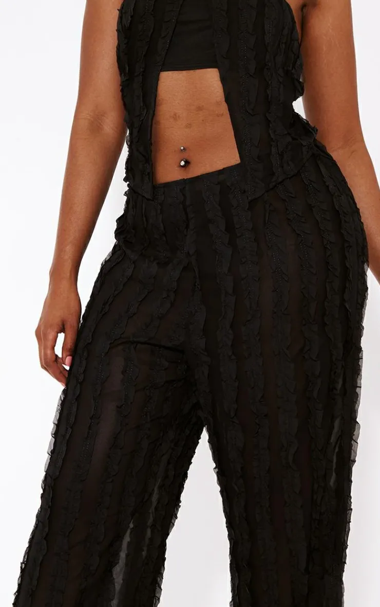 Discount PrettyLittleThing Shape Woven Frill Detail Wide Leg Pants Black