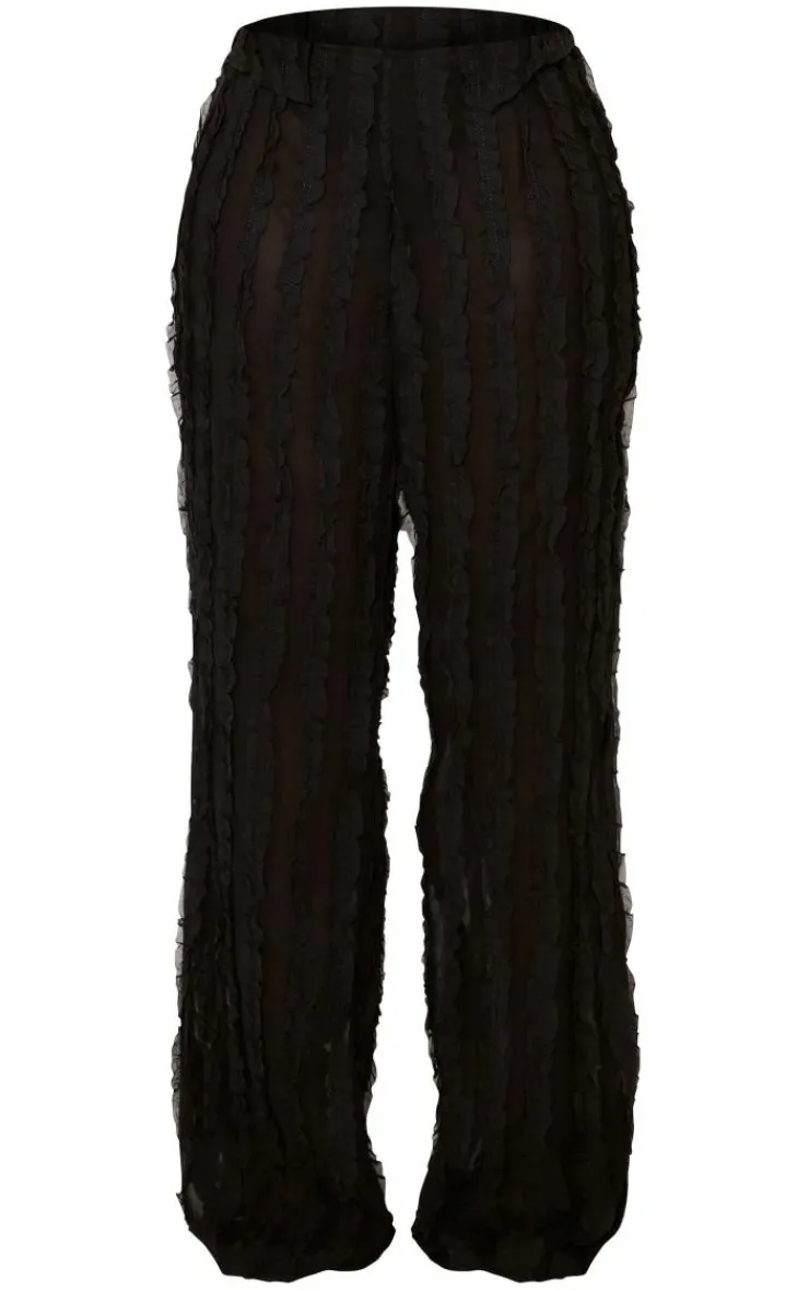 Discount PrettyLittleThing Shape Woven Frill Detail Wide Leg Pants Black