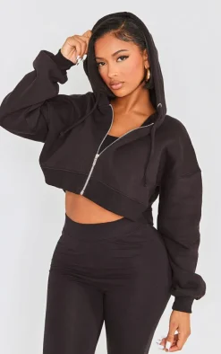 Clearance PrettyLittleThing Shape Zip Front Long Sleeve Cropped Hoodie Black