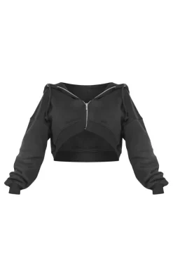 Clearance PrettyLittleThing Shape Zip Front Long Sleeve Cropped Hoodie Black