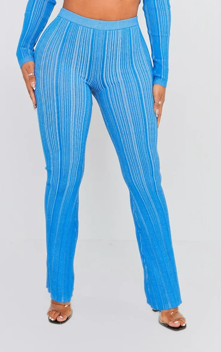 Online PrettyLittleThing Shape Contrast Knit Skinny Flare Pants Blue