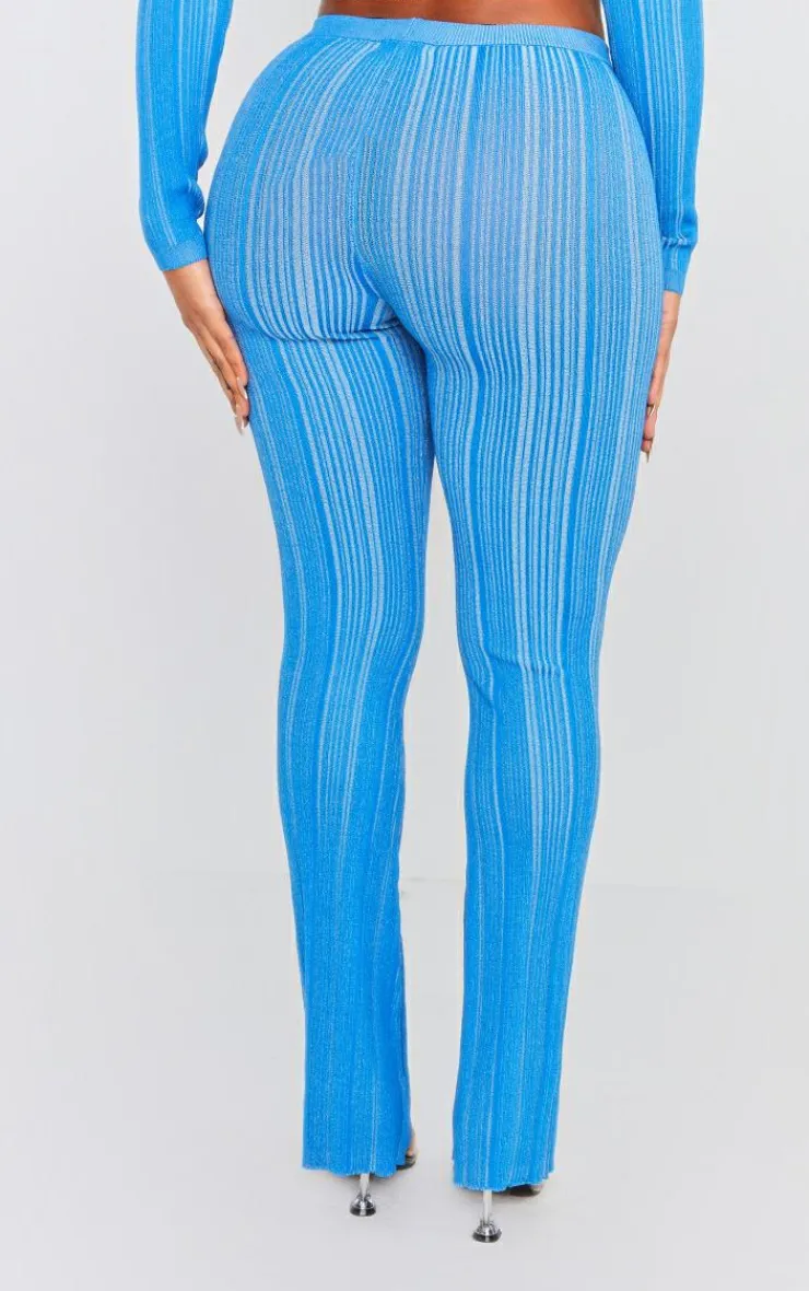 Online PrettyLittleThing Shape Contrast Knit Skinny Flare Pants Blue