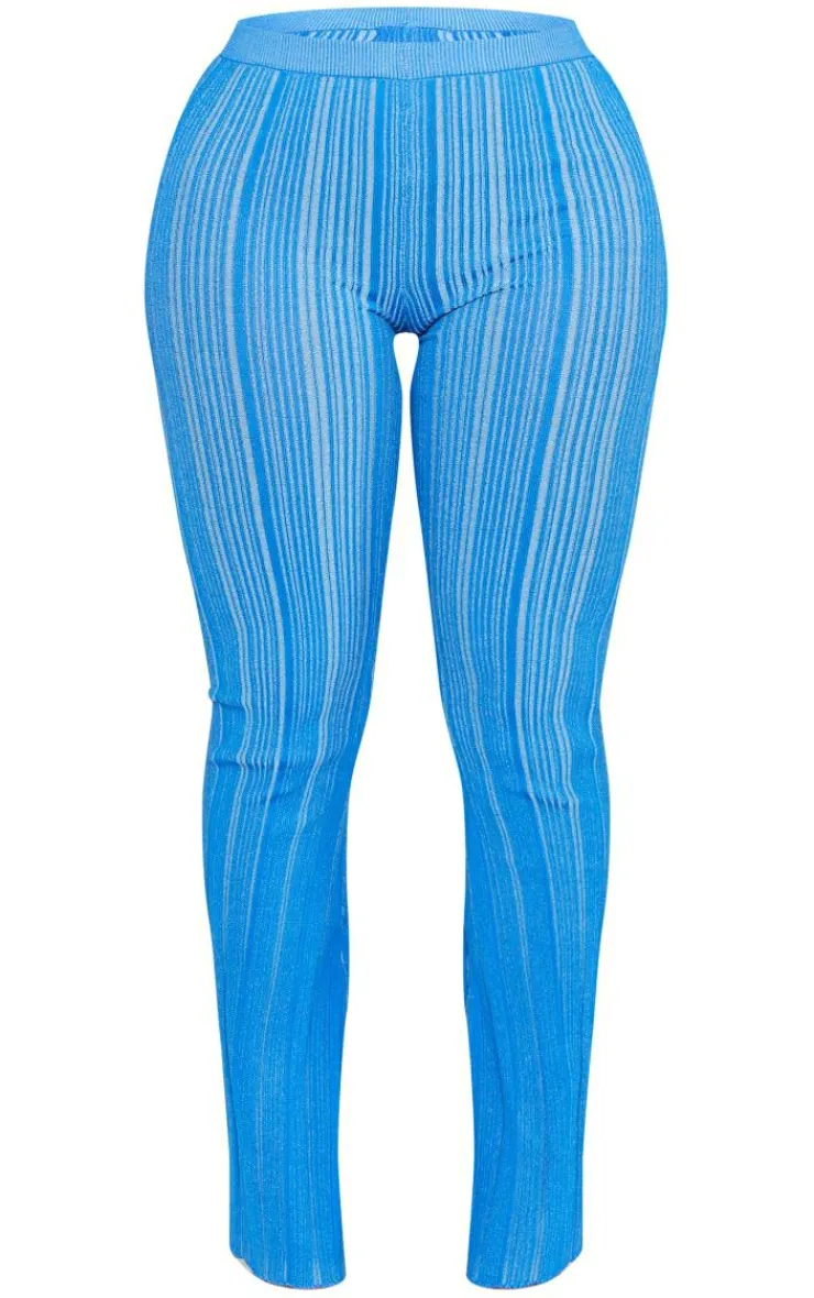 Online PrettyLittleThing Shape Contrast Knit Skinny Flare Pants Blue