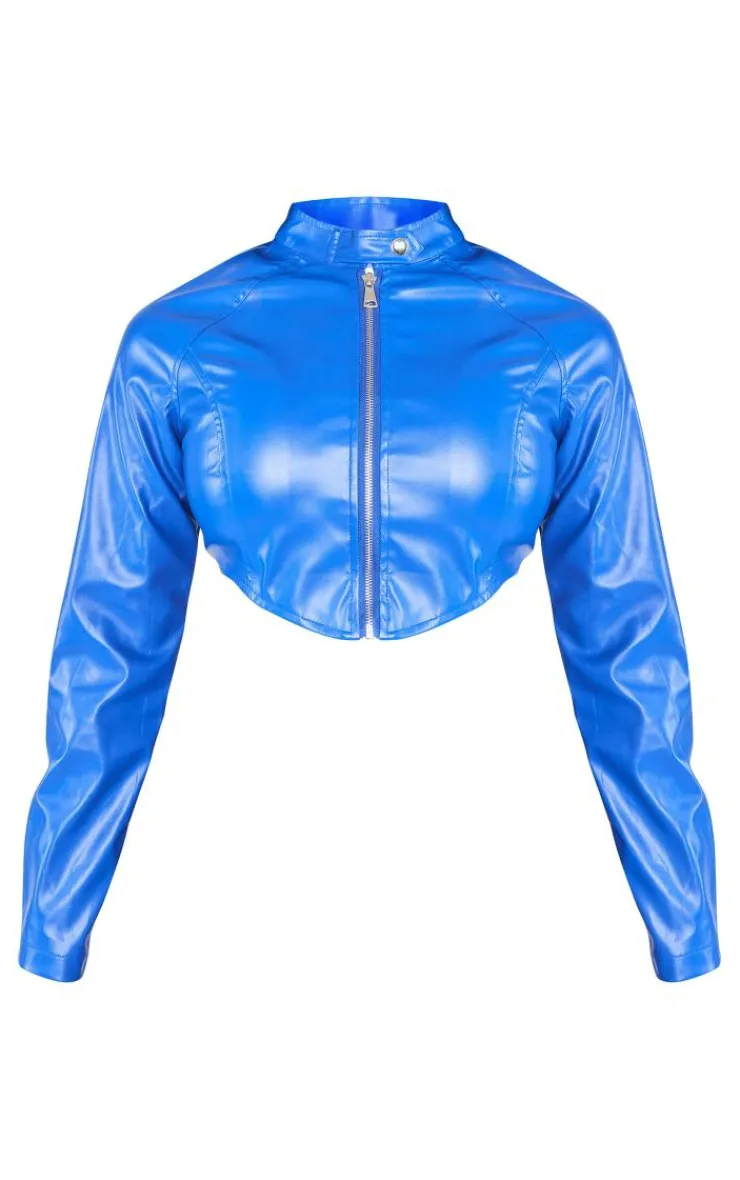 Discount PrettyLittleThing Shape Faux Leather Cropped Biker Jacket Blue