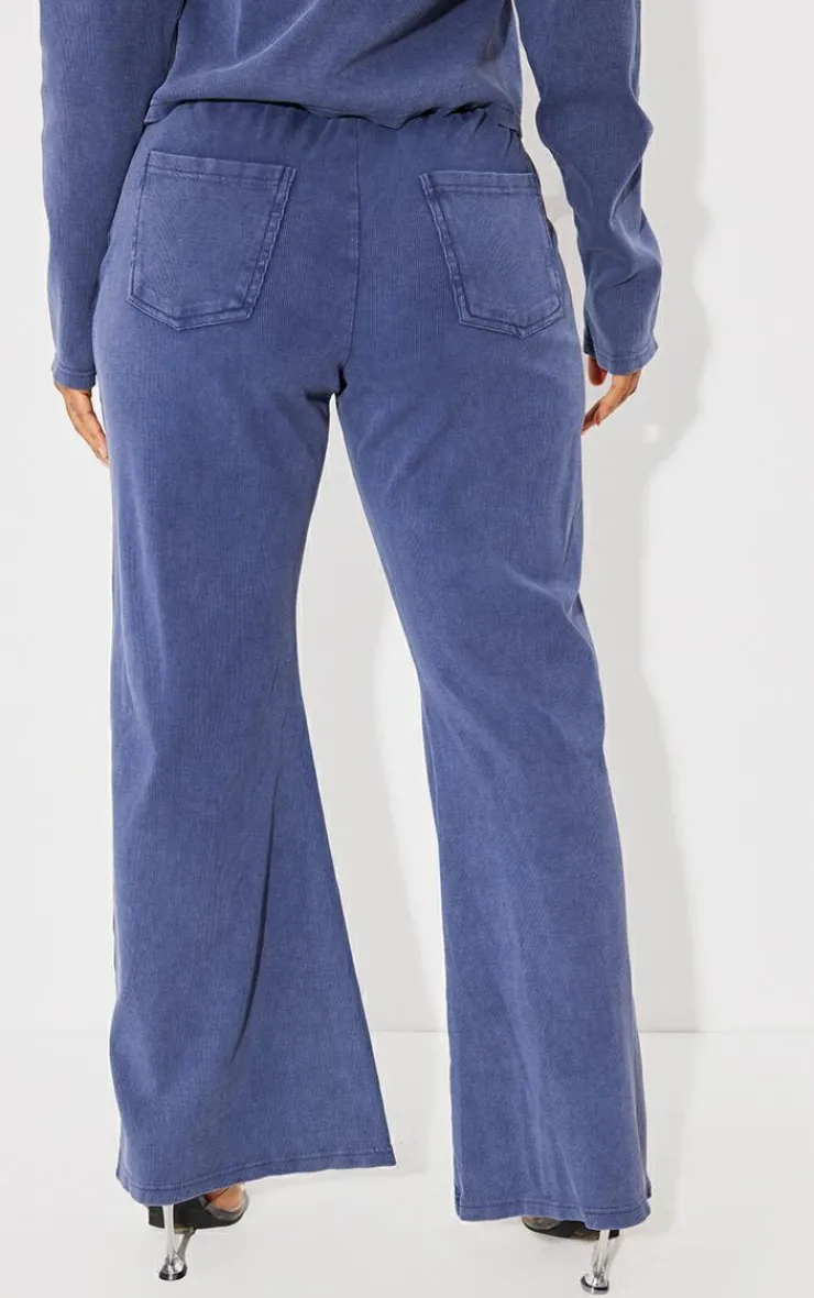 Online PrettyLittleThing Shape Soft Rib Pocket Bum Flare Pants Blue