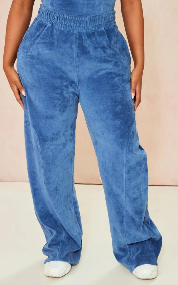 New PrettyLittleThing Shape Velour Wide Leg Sweatpants Blue