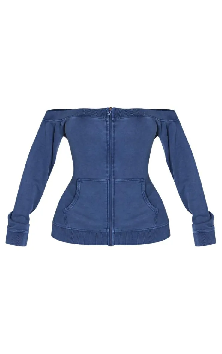 Hot PrettyLittleThing Shape Washed Bardot Zip Up Sweatshirt Blue