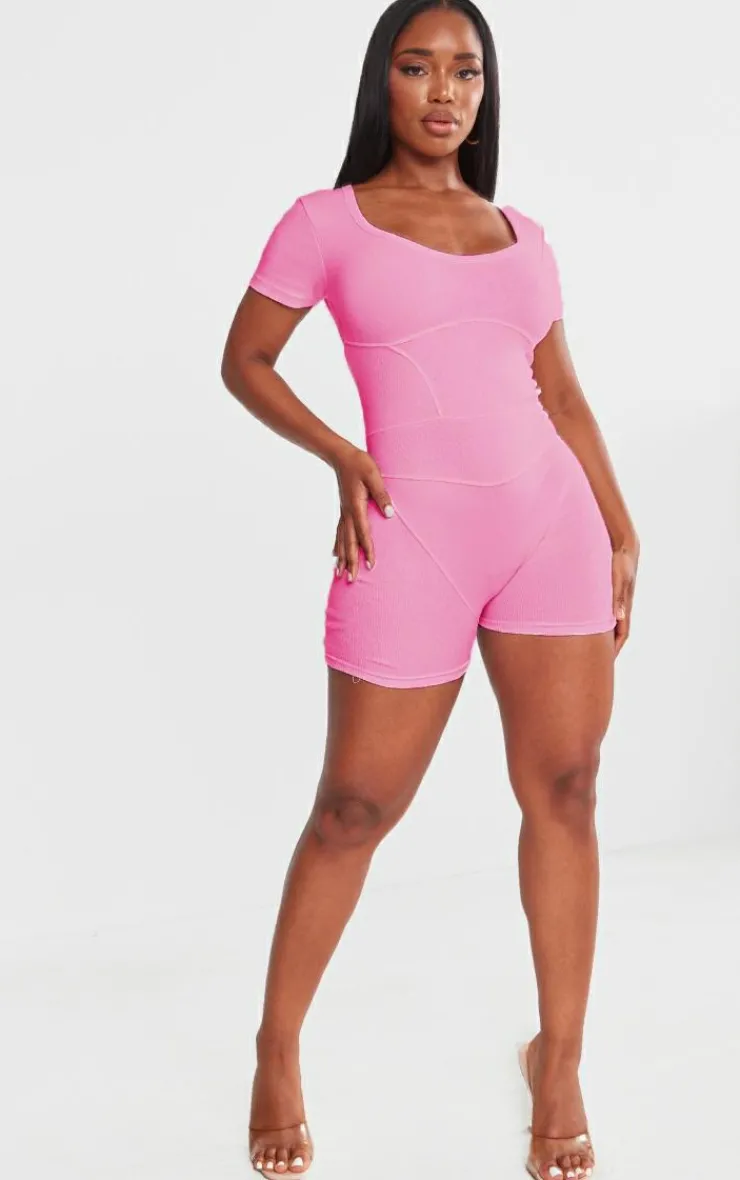 PrettyLittleThing Unitards*Shape Rib Seam Detail Short Sleeve Unitard