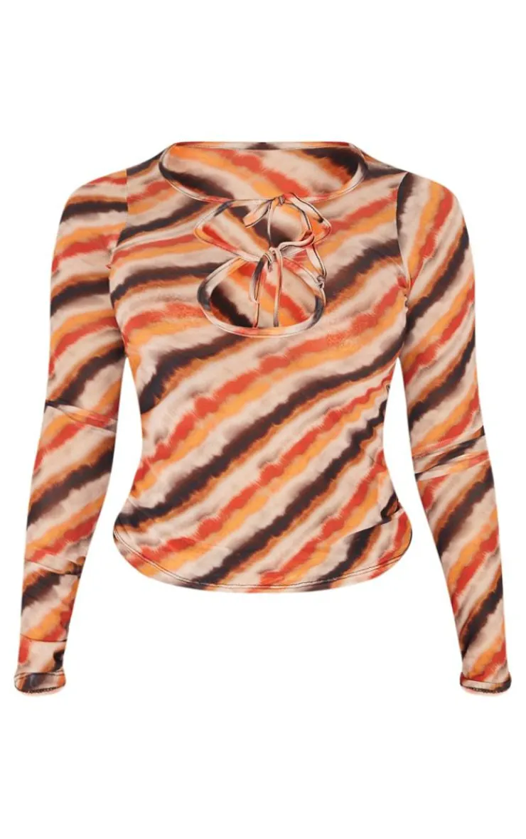 New PrettyLittleThing Shape Abstrect Printed Cut Out Long Sleeve Top Brown