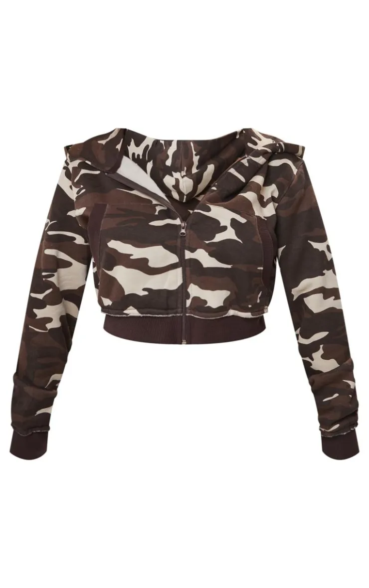 Outlet PrettyLittleThing Shape Camo Print Hooded Zip Up Crop Top Brown