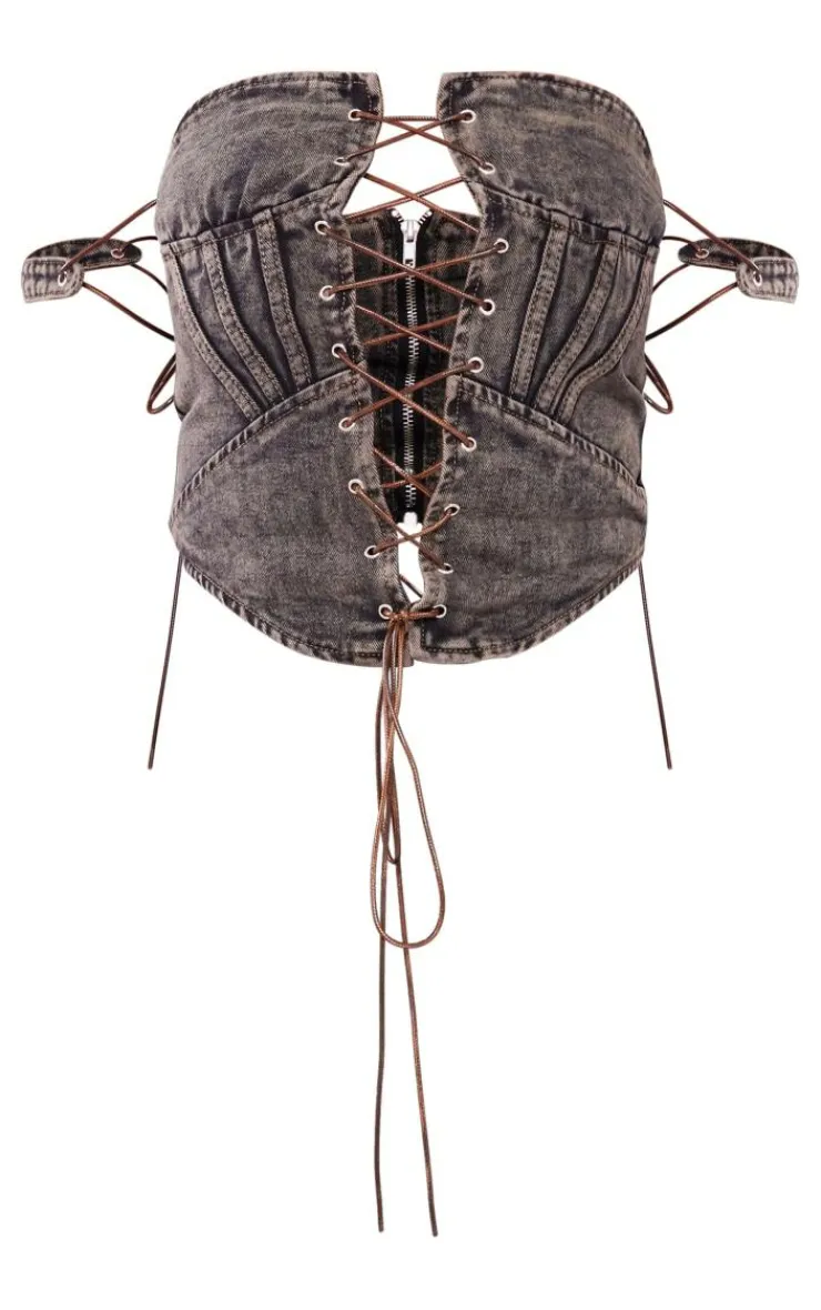 New PrettyLittleThing Shape Denim Lace Up Front Corset Brown
