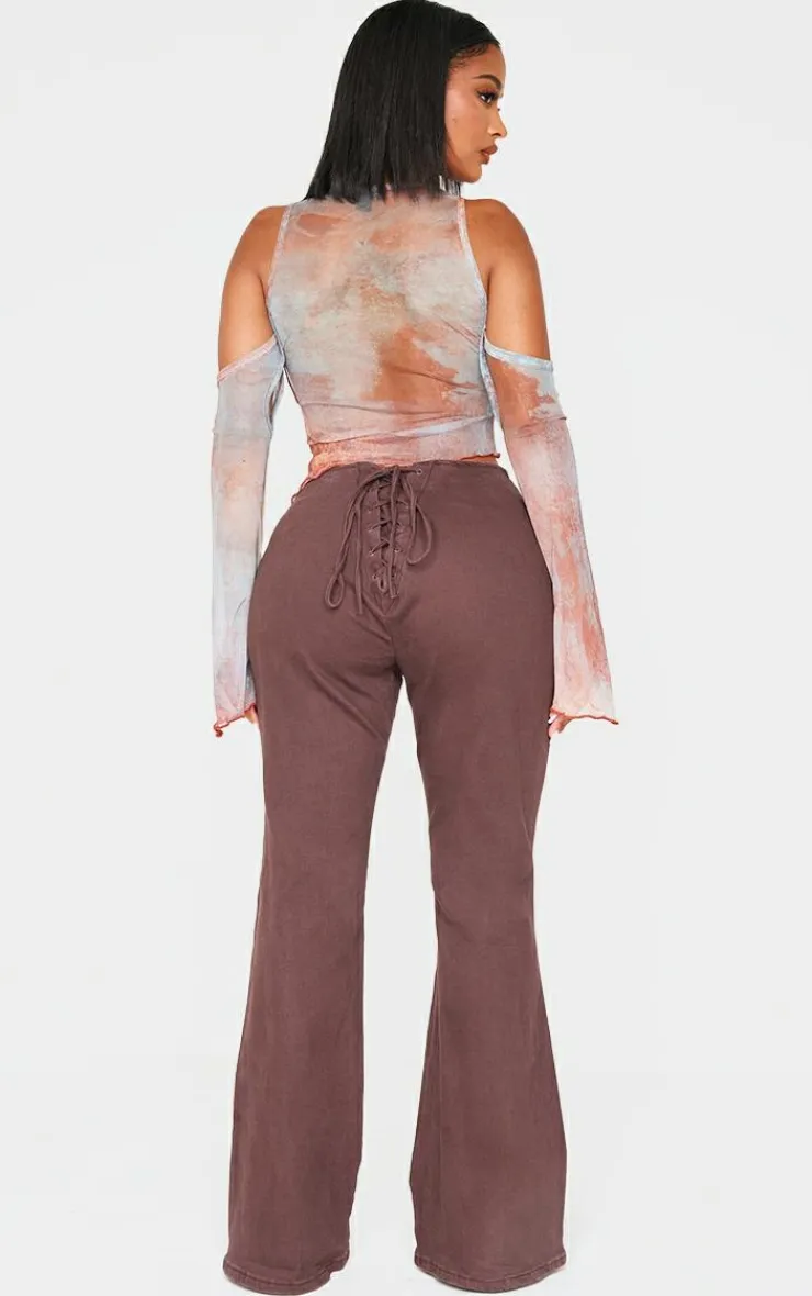 Outlet PrettyLittleThing Shape Denim Lace Up Back Flare Jeans Brown