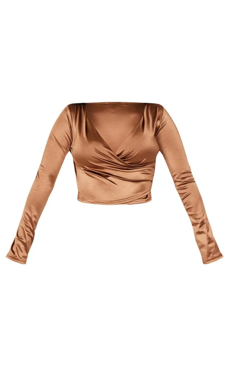 Hot PrettyLittleThing Shape Disco Sculpt Wrap Over Long Sleeve Top Brown