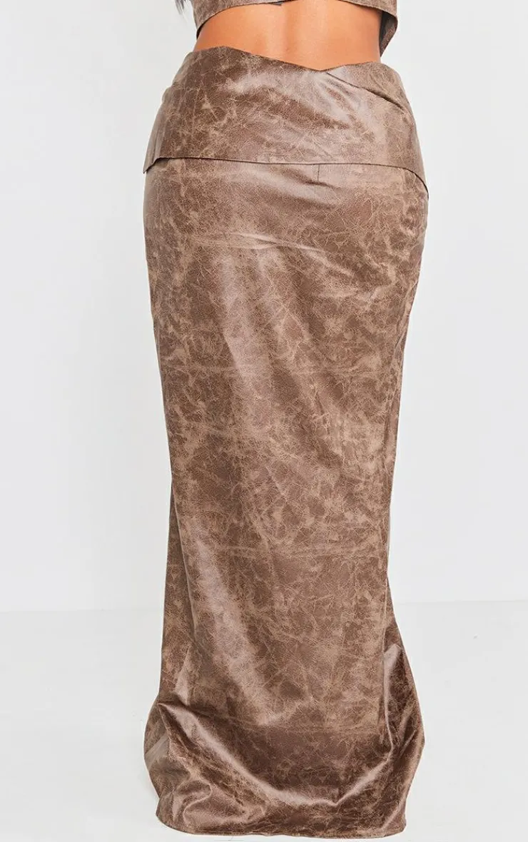 Best PrettyLittleThing Shape Faux Leather Washed Effect Fold Over Zip Detail Maxi Skirt Brown