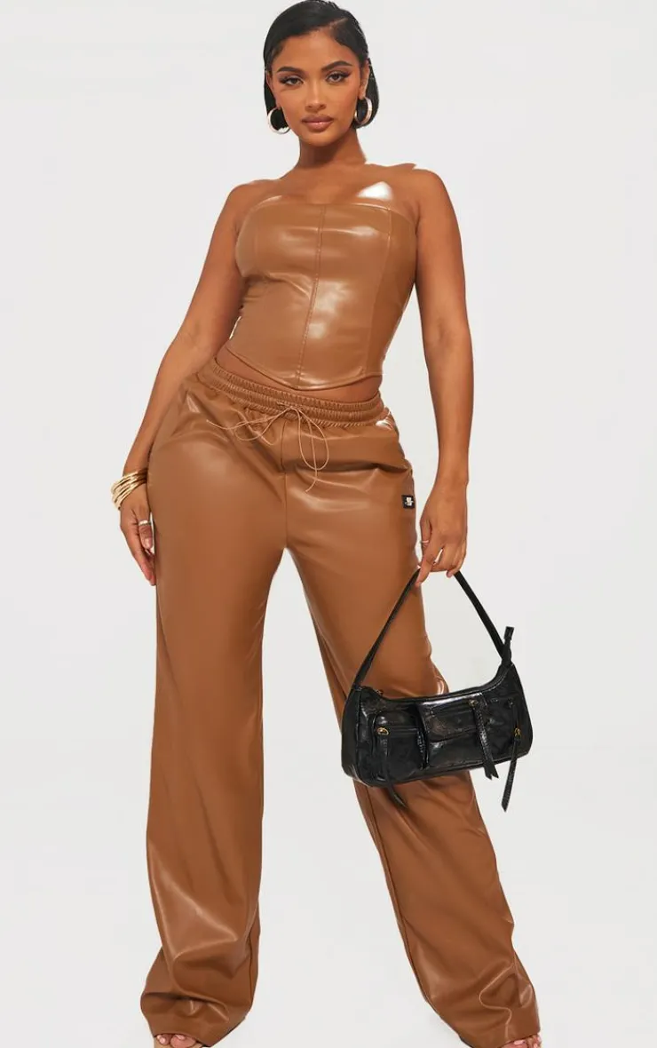 Outlet PrettyLittleThing Shape Faux Leather Straight Leg Pants Brown
