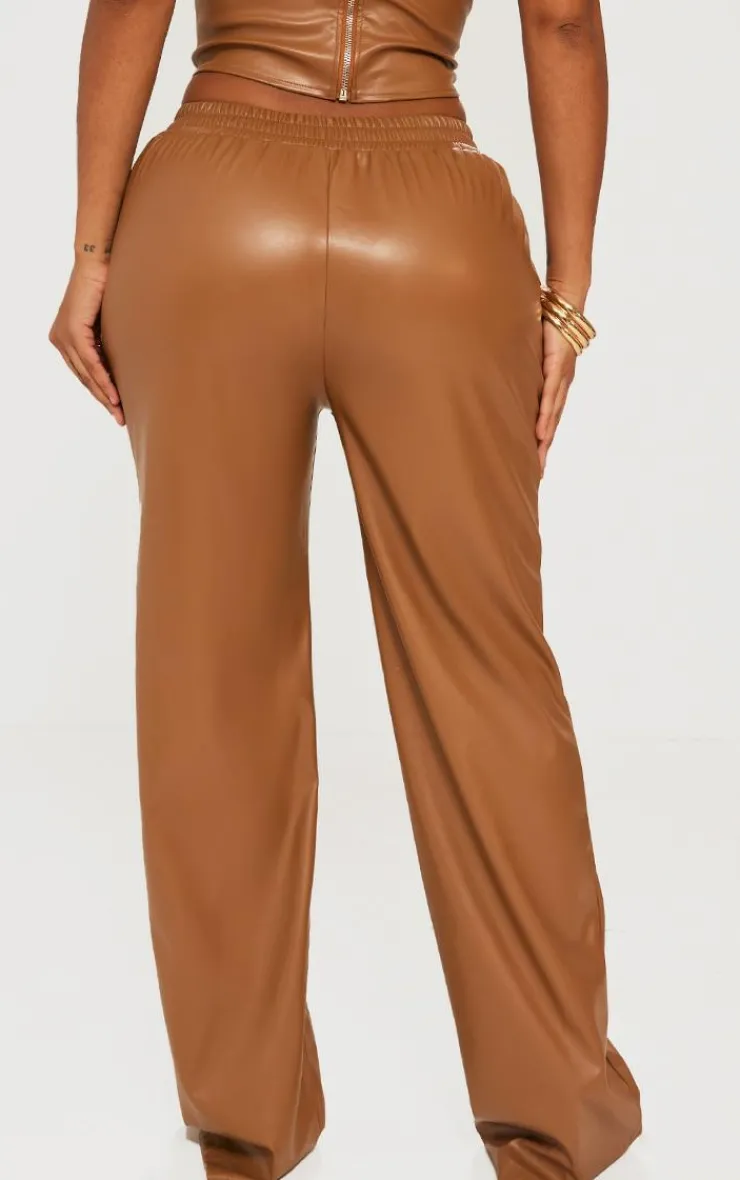 Outlet PrettyLittleThing Shape Faux Leather Straight Leg Pants Brown