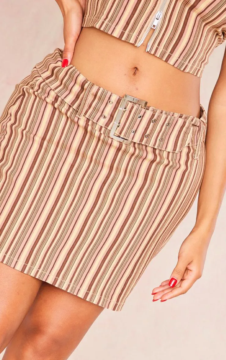 Discount PrettyLittleThing Shape Retro Stripe Buckle Low Rise Micro Mini Skirt Brown