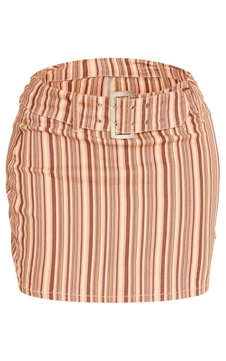 Discount PrettyLittleThing Shape Retro Stripe Buckle Low Rise Micro Mini Skirt Brown
