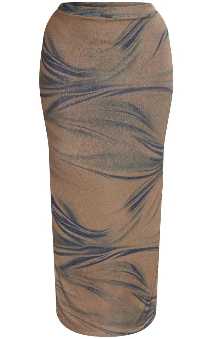 New PrettyLittleThing Shape Sheer Mesh Printed Maxi Skirt Brown