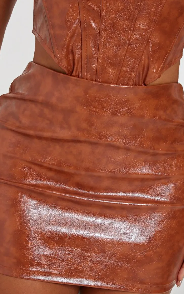 Discount PrettyLittleThing Shape Washed Faux Leather Skirt Brown