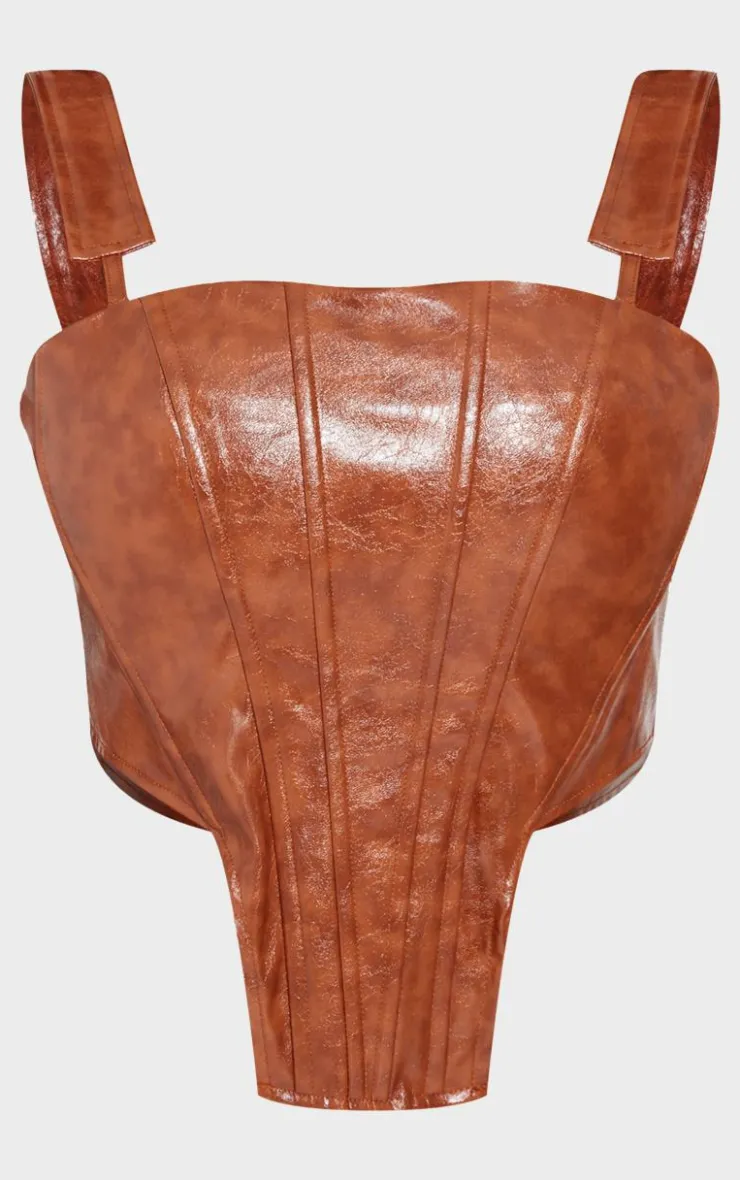 Online PrettyLittleThing Shape Washed Faux Leather Dip Hem Corset Brown