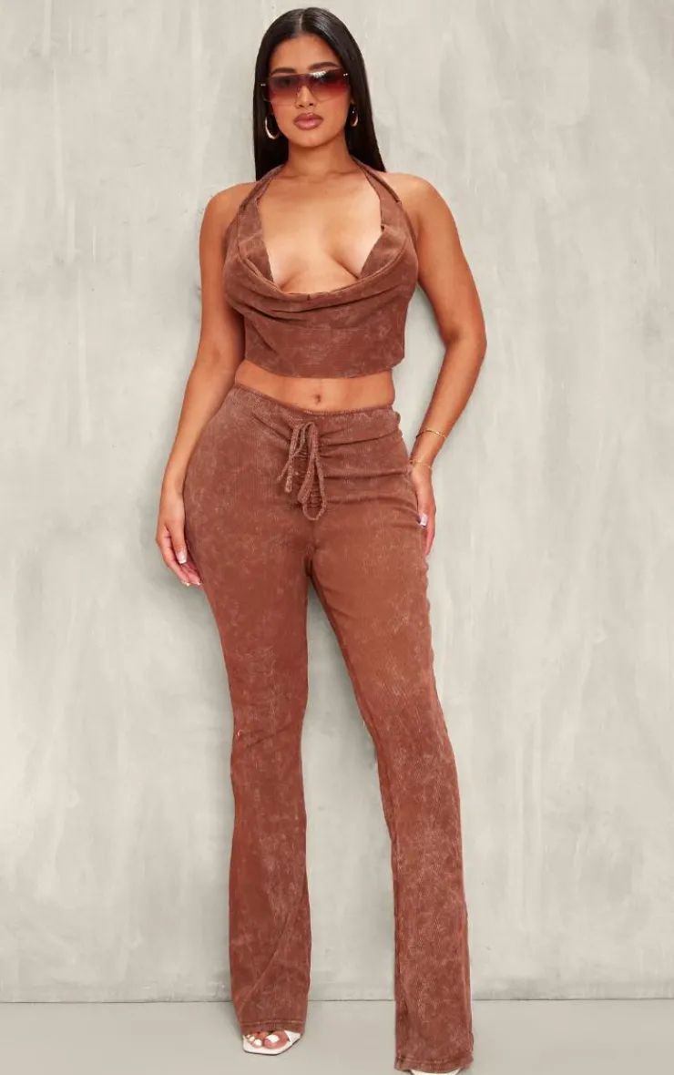 Outlet PrettyLittleThing Shape Washed Ribbed Ruched Front Flare Pants Brown