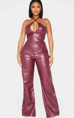 Online PrettyLittleThing Shape Faux Leather Pants Burgundy