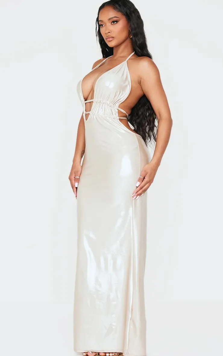Shape Metallic Wet Look Plunge Front Halter Neck Maxi Dress-PrettyLittleThing Best