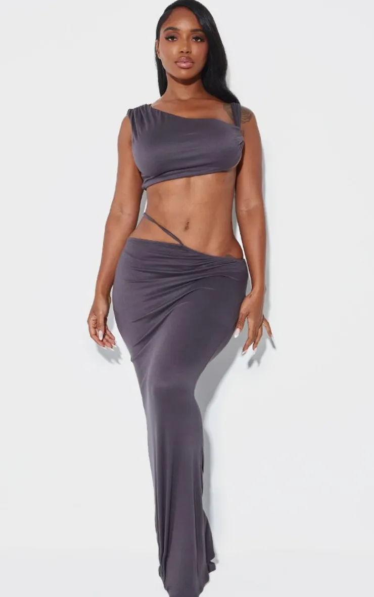 Clearance PrettyLittleThing Shape Cut Out Waist Maxi Skirt Charcoal