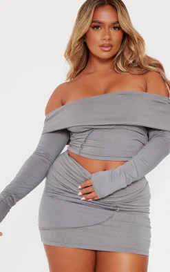 Hot PrettyLittleThing Shape Seam Detail Foldover Mini Skirt Charcoal