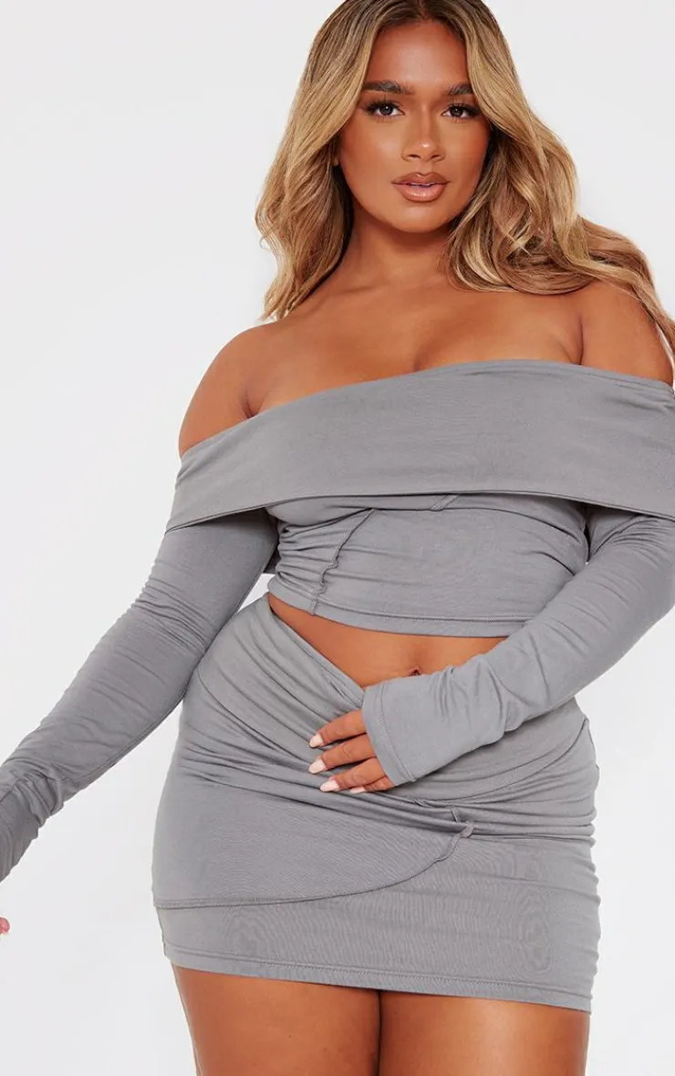 Clearance PrettyLittleThing Shape Seam Detail Foldover Waist Mini Skirt Charcoal