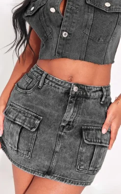 New PrettyLittleThing Shape Washed Denim Raw Hem Edge Cropped Jacket Charcoal