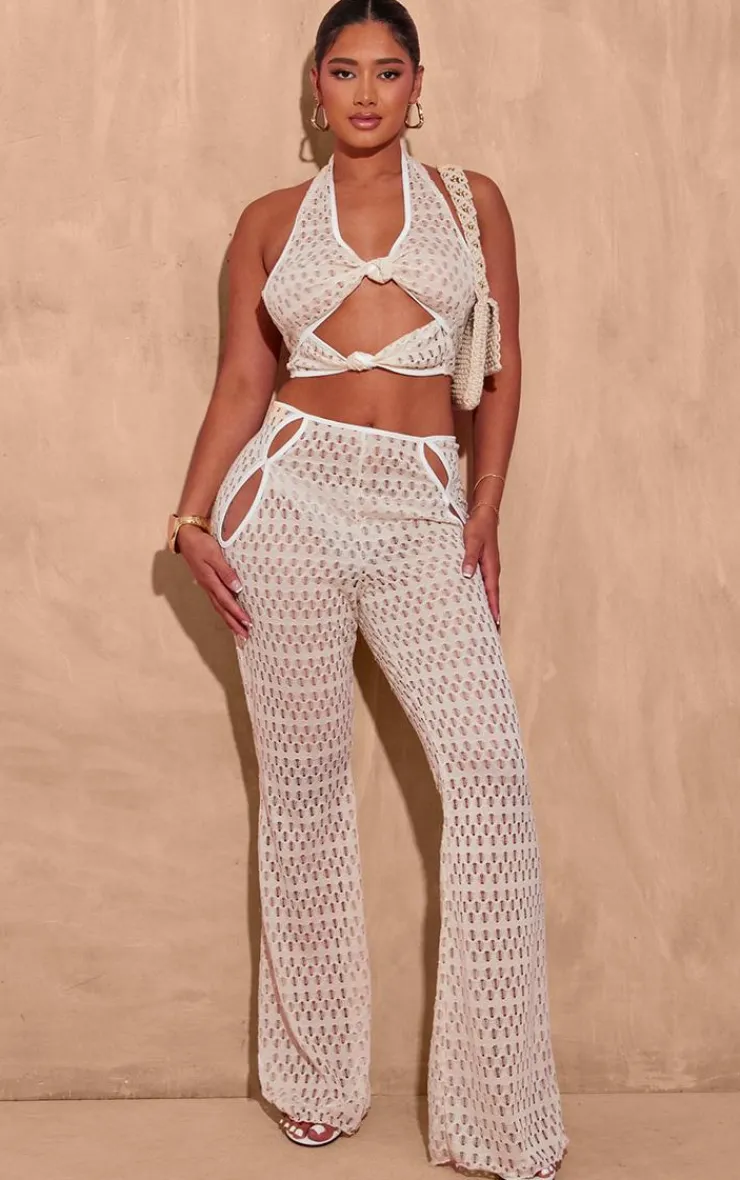 Discount PrettyLittleThing Shape Cut Out Textured Flare Pants Cream