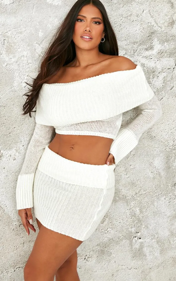 Clearance PrettyLittleThing Shape Fold Over Knitted Mini Skirt Cream