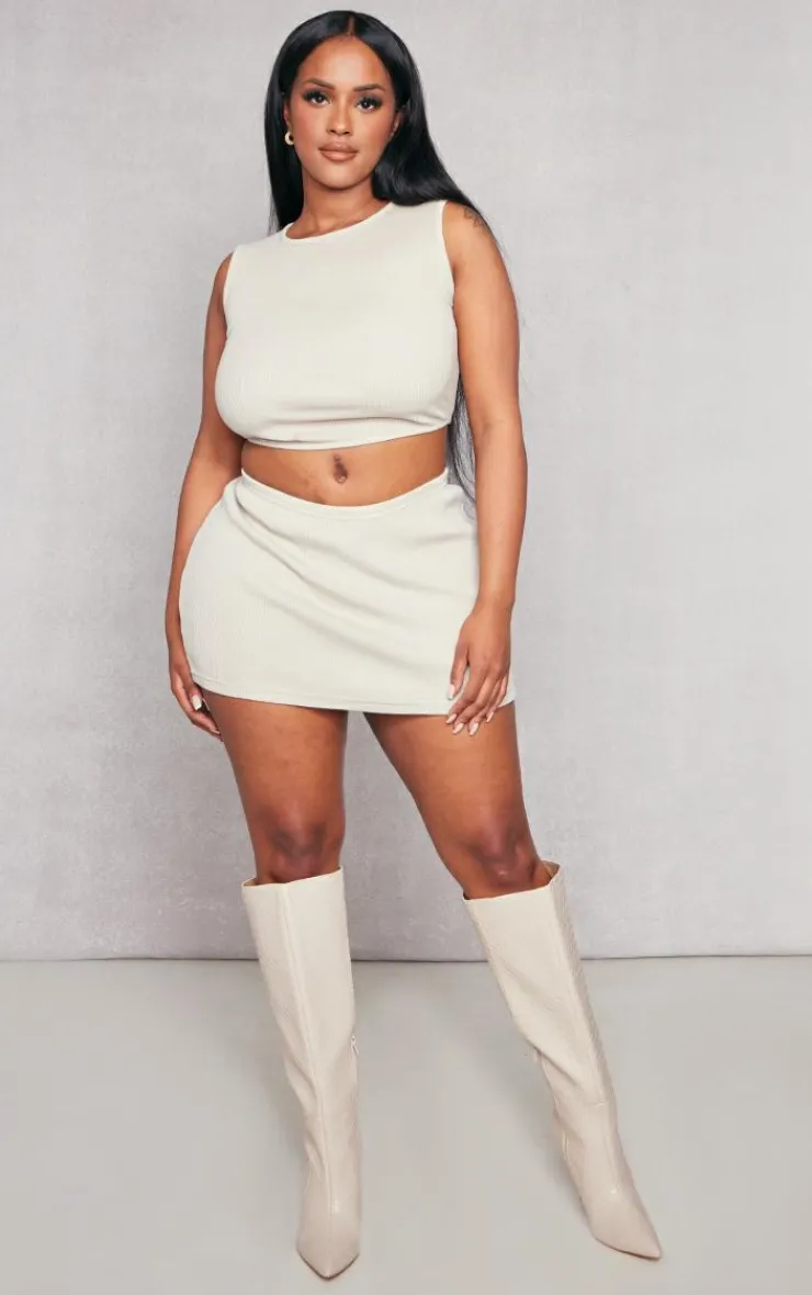 Outlet PrettyLittleThing Shape Heavy Rib Low Rise Micro Mini Skirt Cream