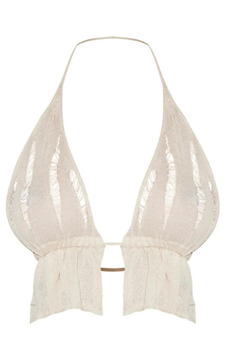 New PrettyLittleThing Shape Knit Ladder Detailed Halterneck Bralet Cream