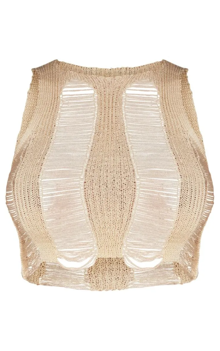 Discount PrettyLittleThing Shape Knit Ladder Racer Neck Crop Top Cream