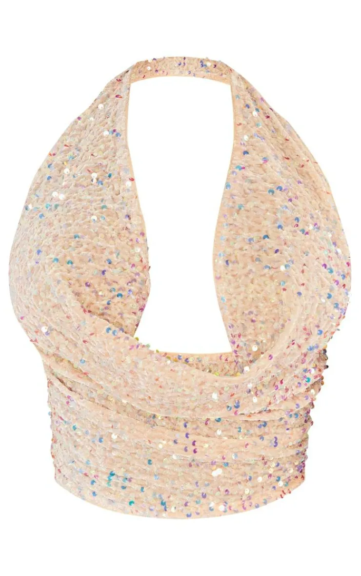 Outlet PrettyLittleThing Shape Velvet Sequin Halterneck Cowl Crop Top Cream