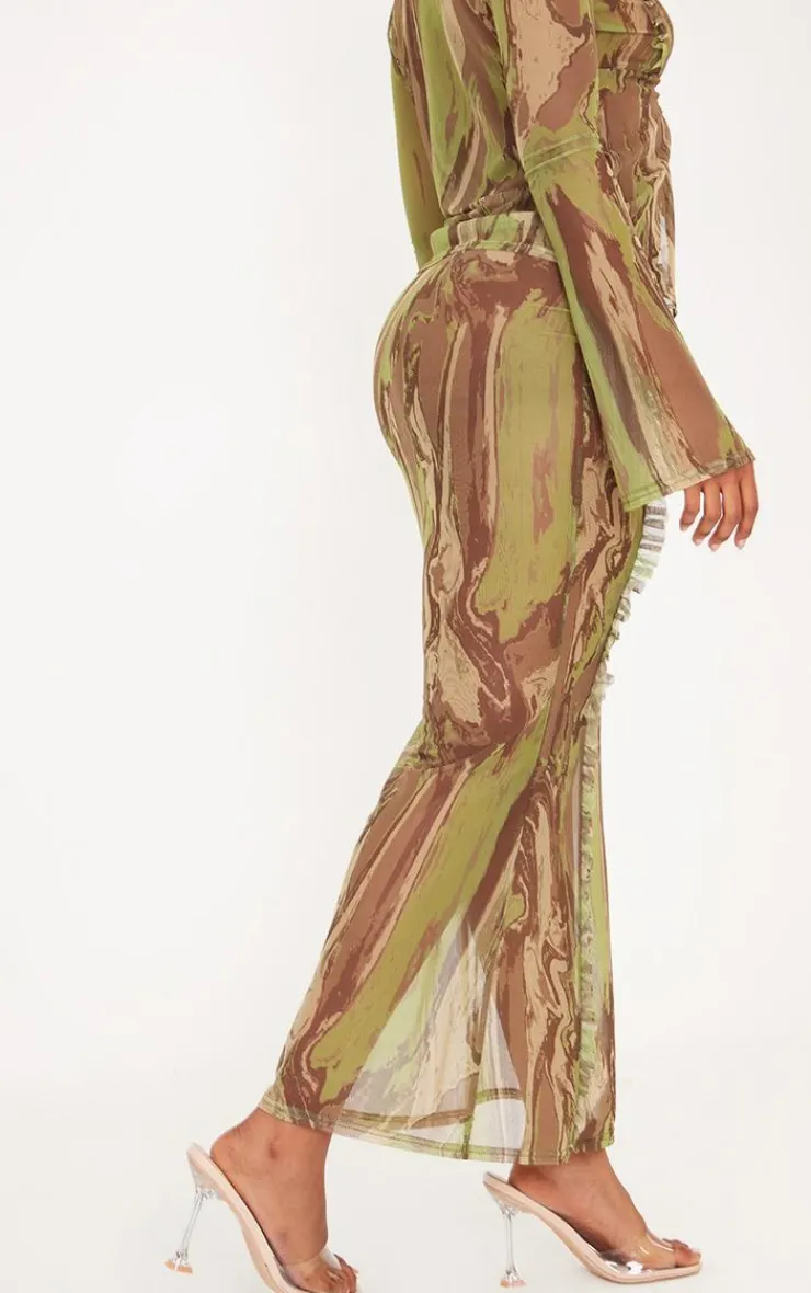 Discount PrettyLittleThing Shape Creased Denim Print Mesh Ruffle Detail Maxi Skirt Green