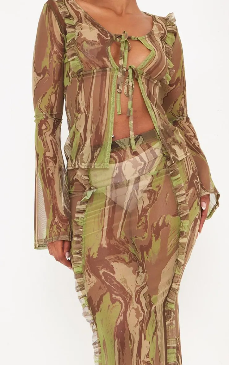 Discount PrettyLittleThing Shape Creased Denim Print Mesh Ruffle Detail Maxi Skirt Green