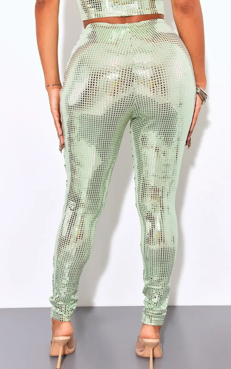 Hot PrettyLittleThing Shape Mirrored Sequin Leggings Green