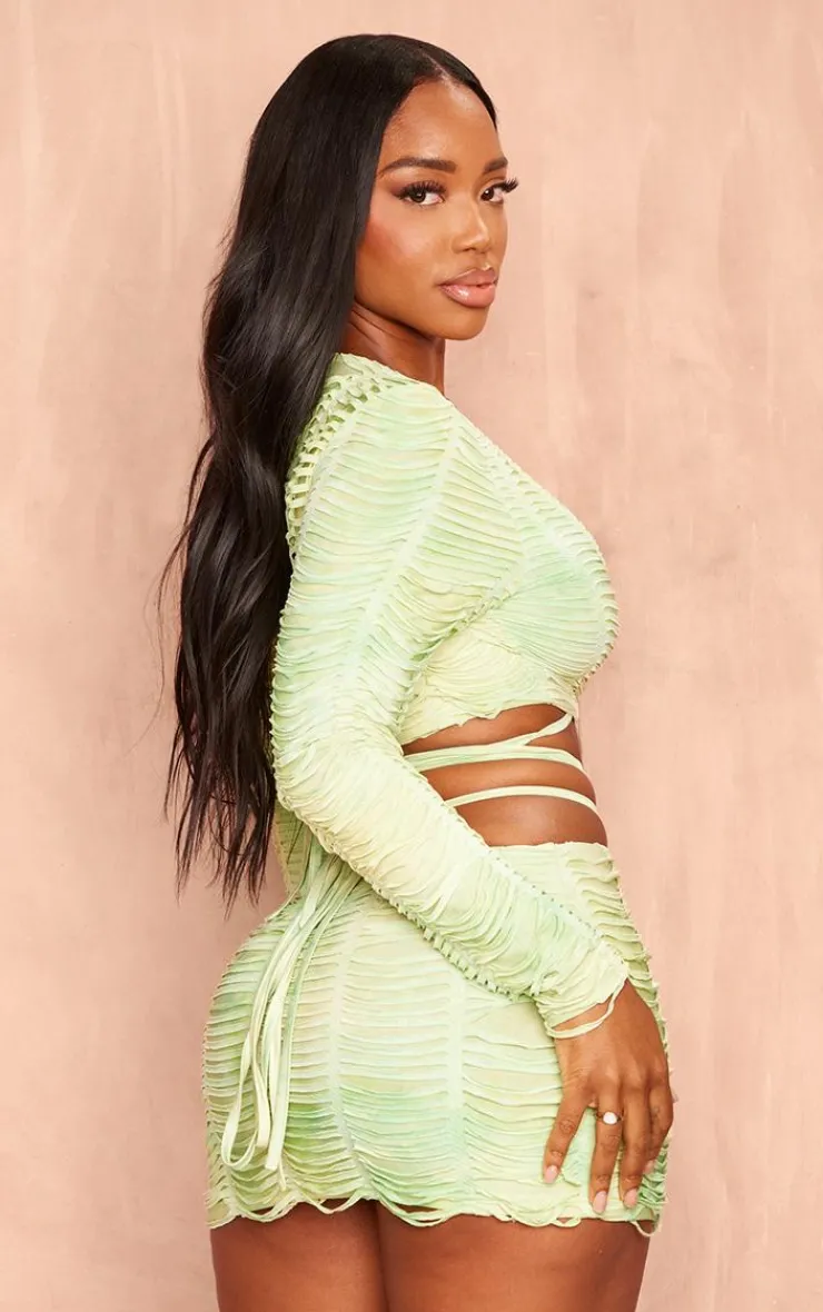 Discount PrettyLittleThing Shape Shredded Seamless Tie Crop Top Green
