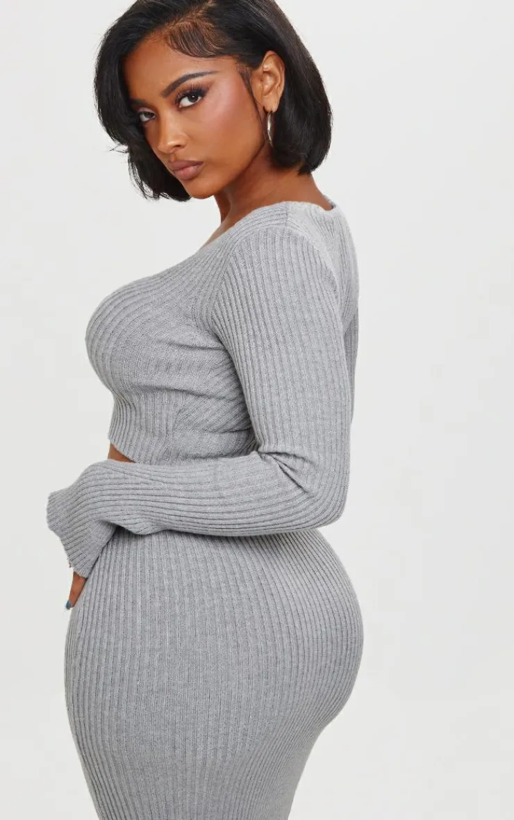 Online PrettyLittleThing Shape Knit Ribbed Long Sleeve Plunge Crop Top Grey
